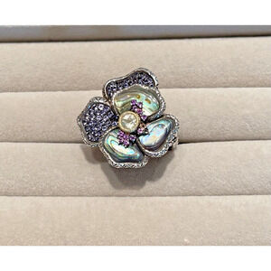 BARBARA BIXBY Pansy Gemstone Iolite & Abalone Sz 8 Flower Ring